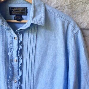 Long Sleeve Chambray Ruffle Button Down - Eddie Bauer